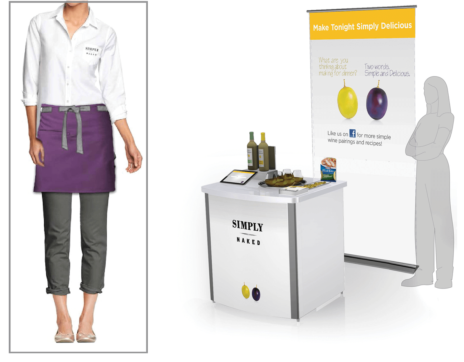 Simply Naked wine uniform and pop up display